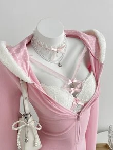 Elamini Autumn/Winter Pink Rabbit Ears V-Neck Zipper Fitted Elastic High-Stretch Long Sleeve Casual Sexy Cute Home Wear Pure Desire Ribbed Romper Halloween - Pink - View 6
