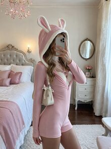 Elamini Autumn/Winter Pink Rabbit Ears V-Neck Zipper Fitted Elastic High-Stretch Long Sleeve Casual Sexy Cute Home Wear Pure Desire Ribbed Romper Halloween - Pink - View 4
