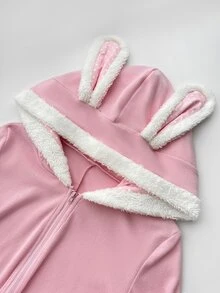 Elamini Autumn/Winter Pink Rabbit Ears V-Neck Zipper Fitted Elastic High-Stretch Long Sleeve Casual Sexy Cute Home Wear Pure Desire Ribbed Romper Halloween - Pink - View 9
