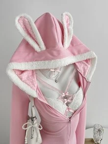 Elamini Autumn/Winter Pink Rabbit Ears V-Neck Zipper Fitted Elastic High-Stretch Long Sleeve Casual Sexy Cute Home Wear Pure Desire Ribbed Romper Halloween - Pink - View 7