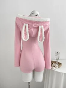 Elamini Autumn/Winter Pink Rabbit Ears V-Neck Zipper Fitted Elastic High-Stretch Long Sleeve Casual Sexy Cute Home Wear Pure Desire Ribbed Romper Halloween - Pink - View 3