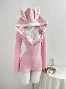 Elamini Autumn/Winter Pink Rabbit Ears V-Neck Zipper Fitted Elastic High-Stretch Long Sleeve Casual Sexy Cute Home Wear Pure Desire Ribbed Romper Halloween - Pink - View 1