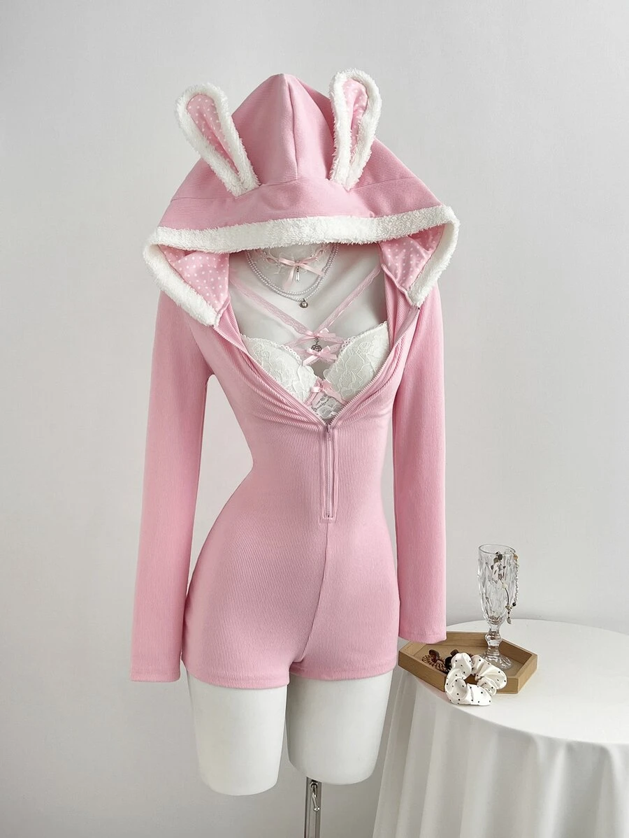 Elamini Autumn/Winter Pink Rabbit Ears V-Neck Zipper Fitted Elastic High-Stretch Long Sleeve Casual Sexy Cute Home Wear Pure Desire Ribbed Romper Halloween - Pink - View 1