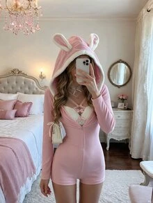 Elamini Autumn/Winter Pink Rabbit Ears V-Neck Zipper Fitted Elastic High-Stretch Long Sleeve Casual Sexy Cute Home Wear Pure Desire Ribbed Romper Halloween - Pink - View 2
