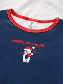 青少年男孩秋冬睡衣 2件組 修身款長袖上衣與長褲 聖誕雪花愛心熊圖案 - 藏蓝色 - 查看 6