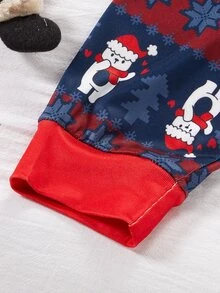 青少年男孩秋冬睡衣 2件組 修身款長袖上衣與長褲 聖誕雪花愛心熊圖案 - 藏蓝色 - 查看 7