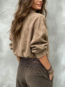 SHEIN Jaket Crop Lengan Kelelawar dengan Resleting Polos, Nuansa Cokelat untuk Sehari-hari, Kasual Musim Gugur - Grey - View 2