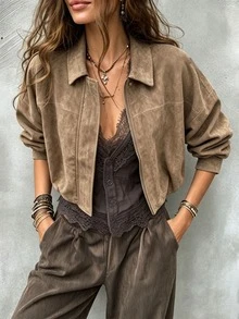 SHEIN Jaket Crop Lengan Kelelawar dengan Resleting Polos, Nuansa Cokelat untuk Sehari-hari, Kasual Musim Gugur - Grey - View 6