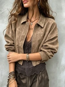 SHEIN Jaket Crop Lengan Kelelawar dengan Resleting Polos, Nuansa Cokelat untuk Sehari-hari, Kasual Musim Gugur - Grey - View 4