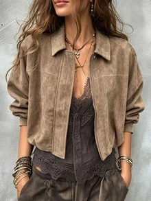 SHEIN Jaket Crop Lengan Kelelawar dengan Resleting Polos, Nuansa Cokelat untuk Sehari-hari, Kasual Musim Gugur - Grey - View 3