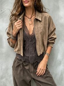 SHEIN Jaket Crop Lengan Kelelawar dengan Resleting Polos, Nuansa Cokelat untuk Sehari-hari, Kasual Musim Gugur - Grey - View 5