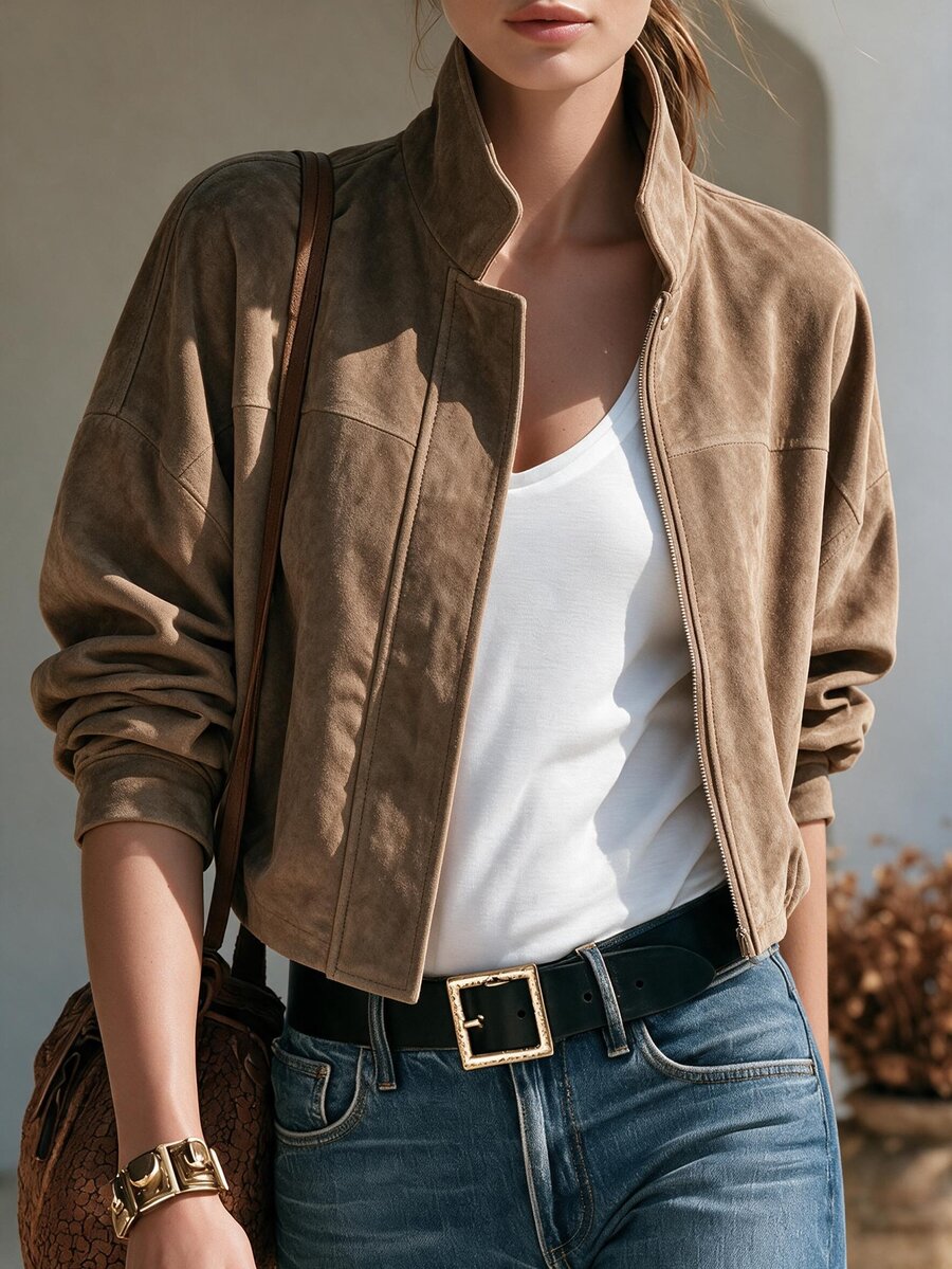 SHEIN Jaket Crop Lengan Kelelawar dengan Resleting Polos, Nuansa Cokelat untuk Sehari-hari, Kasual Musim Gugur - Grey - View 1
