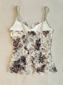 SuriyaCove Women's Mesh Vintage Print V-Neck Cinched Waist Ruffle Hem Tank Top - Multicolor - View 6