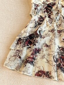 SuriyaCove Women's Mesh Vintage Print V-Neck Cinched Waist Ruffle Hem Tank Top - Multicolor - View 10