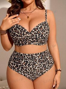 SHEIN Swim Curve 大码女式两件套吊带豹纹印花带衬垫时尚简约比基尼泳装套装 - 棕色 - 查看 5