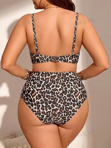 SHEIN Swim Curve 大码女式两件套吊带豹纹印花带衬垫时尚简约比基尼泳装套装 - 棕色 - 查看 2
