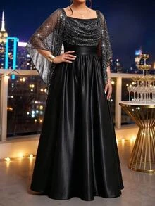 SHEIN Lady 大尺碼優雅派對亮片拼接洋裝 秋季 - 黑色 - 查看 3