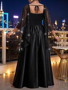 SHEIN Lady 大尺碼優雅派對亮片拼接洋裝 秋季 - 黑色 - 查看 2