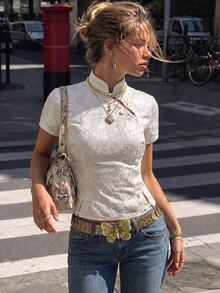SuriyaCove New Chinese Style Women Short Sleeve Jacquard Fitted Slit Waist Slim Mandarin Collar Button-Up Top - Apricot - View 4