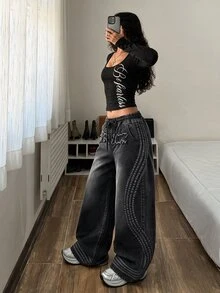 StreetHx Celana Jeans Denim Kasual Longgar Wanita dengan Ujung Berumbai dan Tali Serut di Pinggang, Potongan Lebar. - Hitam - View 3