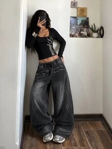 StreetHx Celana Jeans Denim Kasual Longgar Wanita dengan Ujung Berumbai dan Tali Serut di Pinggang, Potongan Lebar. - Hitam - View 6