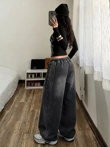 StreetHx Celana Jeans Denim Kasual Longgar Wanita dengan Ujung Berumbai dan Tali Serut di Pinggang, Potongan Lebar. - Hitam - View 2