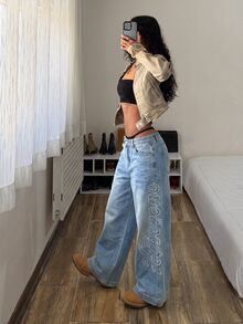 StreetHx Women's Letter Print Pocket Wide Leg Loose Casual Denim Jeans - Black - View 5