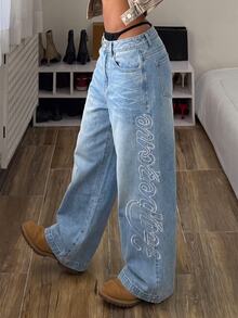 StreetHx Women's Letter Print Pocket Wide Leg Loose Casual Denim Jeans - Black - View 7