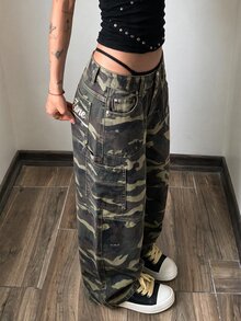 StreetHx Women's Camouflage Print Wide Leg Cargo Denim Jeans - Army Green - View 5