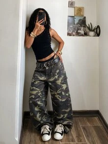 StreetHx Women's Camouflage Print Wide Leg Cargo Denim Jeans - Army Green - View 4