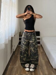 StreetHx Women's Camouflage Print Wide Leg Cargo Denim Jeans - Army Green - View 2