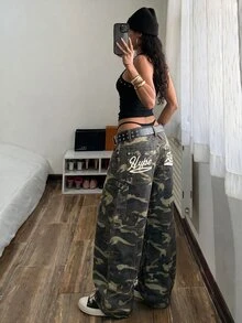 StreetHx Women's Camouflage Print Wide Leg Cargo Denim Jeans - Army Green - View 6