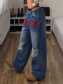 StreetHx Celana Jeans Denim Longgar Wanita dengan Motif Huruf dan Efek Sobek - MultiWarna - View 4
