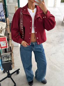Muchica 女款格紋休閒百搭日常長袖夾克 - 紅色 - 查看 5