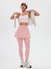SHEIN Cheerettes 女款純色彈性腰口袋修身運動瑜伽緊身褲，運動休閒下著長褲 - 淺粉色 - 查看 5