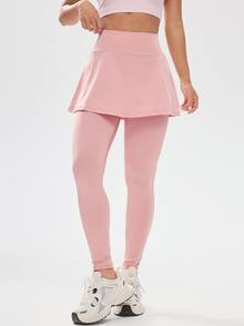 SHEIN Cheerettes 女款純色彈性腰口袋修身運動瑜伽緊身褲，運動休閒下著長褲 - 淺粉色 - 查看 4