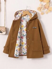 SHEIN Jaket Kardigan Berkerudung Kasual Warna Polos dengan Lapisan Motif Bunga untuk Remaja Perempuan Musim Gugur/Dingin - Coffee Brown - View 10