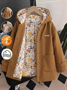 SHEIN Jaket Kardigan Berkerudung Kasual Warna Polos dengan Lapisan Motif Bunga untuk Remaja Perempuan Musim Gugur/Dingin - Coffee Brown - View 1