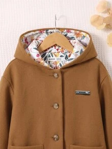 SHEIN Jaket Kardigan Berkerudung Kasual Warna Polos dengan Lapisan Motif Bunga untuk Remaja Perempuan Musim Gugur/Dingin - Coffee Brown - View 4