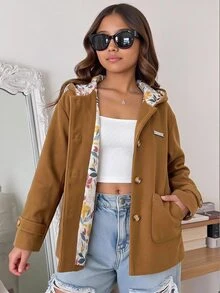 SHEIN Jaket Kardigan Berkerudung Kasual Warna Polos dengan Lapisan Motif Bunga untuk Remaja Perempuan Musim Gugur/Dingin - Coffee Brown - View 11