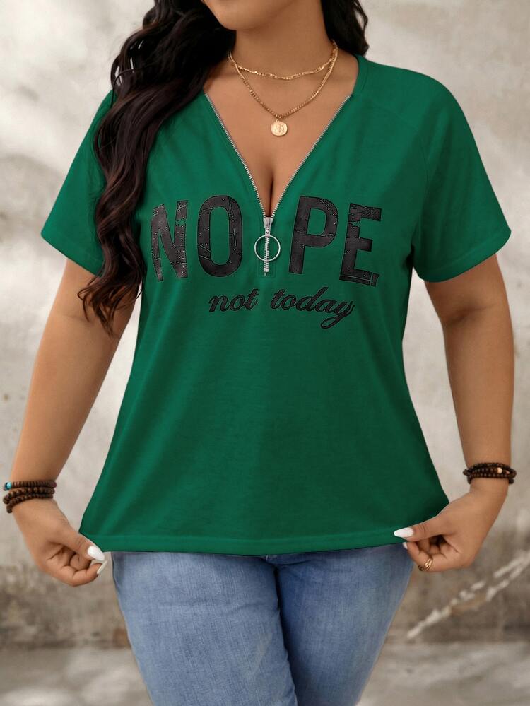 SHEIN LUNE Plus Size Green Letter Print V-Neck Short Sleeve Half-Zip T-Shirt Vacation Summer Formal Vacation Office Casual Soft Form - Green - View 3