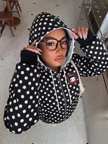 Betty Boop x SHEIN SHEIN EZwear 女款波點印花 Betty 聯名衛衣，街頭風復古休閒，返校季日常穿搭，黑白波點秋季款 - 彩色 - 查看 6