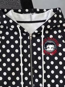 Betty Boop x SHEIN SHEIN EZwear 女款波點印花 Betty 聯名衛衣，街頭風復古休閒，返校季日常穿搭，黑白波點秋季款 - 彩色 - 查看 3