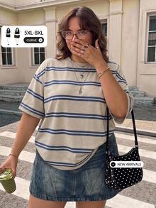SHEIN CURVE+ 大尺碼藍色條紋圓領T恤，適合2026年秋冬 22W - 彩色 - 查看 2