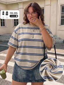 SHEIN CURVE+ 大尺碼藍色條紋圓領T恤，適合2026年秋冬 22W - 彩色 - 查看 7