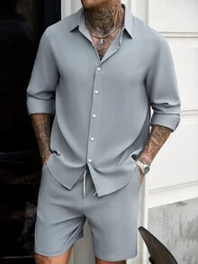 Manfinity Homme 男士兩件套：華夫格紋長袖襯衫與抽繩短褲，極簡寬鬆休閒商務通勤度假純色套裝 - 灰色 - 查看 4