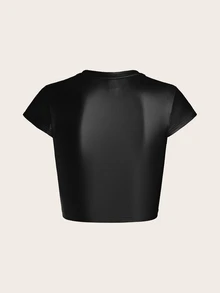 SHEIN ICON Solid Patched Detail PU Leather Tee - Black - View 2