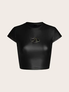 SHEIN ICON Solid Patched Detail PU Leather Tee - Black - View 1