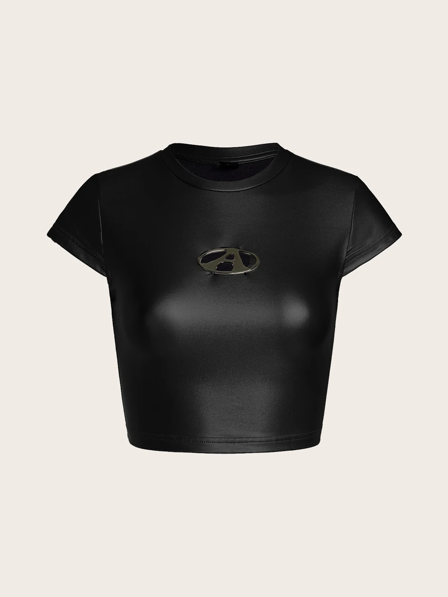 SHEIN ICON Solid Patched Detail PU Leather Tee - Black - View 1