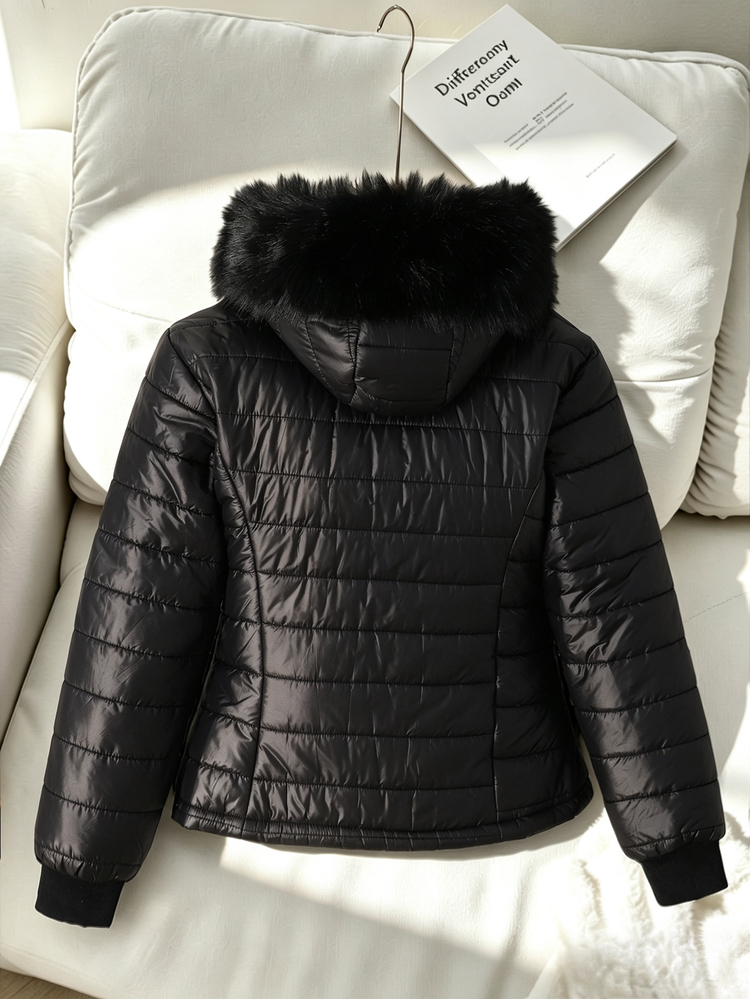 Teen Girls Black Luxury Quilted Waist-Cinching Padded Coat, Waistline Design, Oversized Baggy Cute Fluffy Fur Collar Hood, Side Pockets, Autumn Winter - Black - View 2